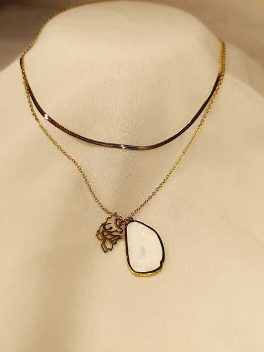 Elegant Dual-Layer Gold Necklace with Leaf & White Stone Pendant