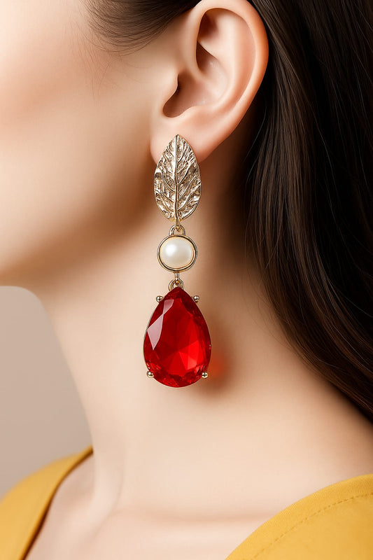 Elegant Gold Leaf & Ruby Drop Earrings