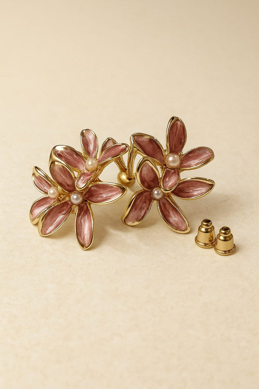 Blush Pink Floral Stud Earrings with Pearl Accents – Gold Finish