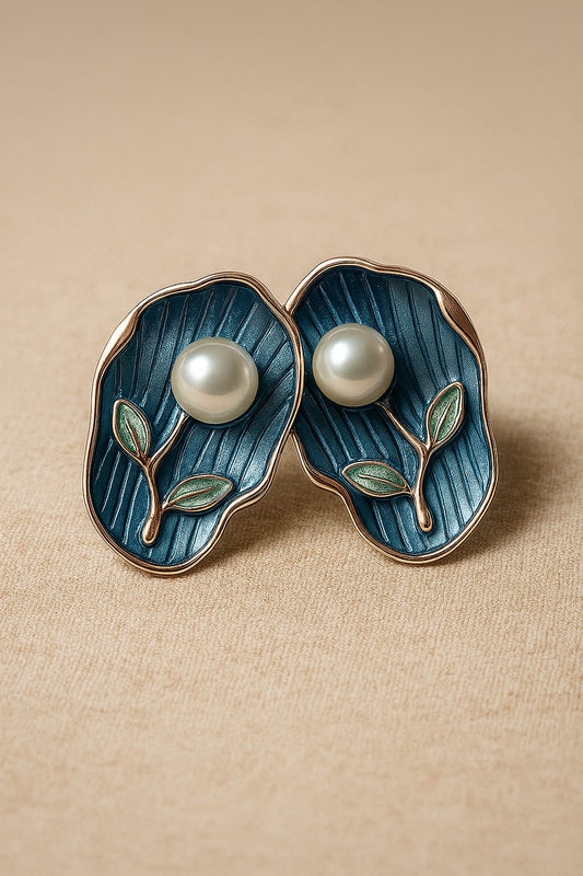 Artisan Enamel Leaf & Pearl Stud Earrings