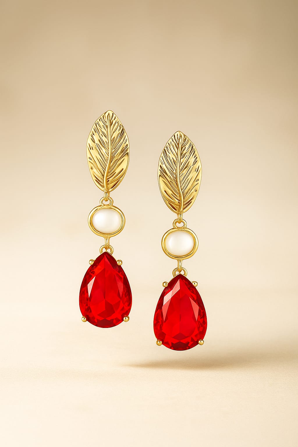 Elegant Gold Leaf & Ruby Drop Earrings
