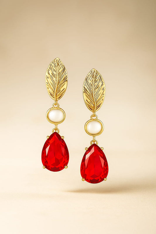 Elegant Gold Leaf & Ruby Drop Earrings