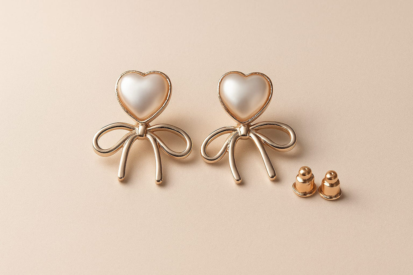Heart Pearl & Bow Gold Stud Earrings