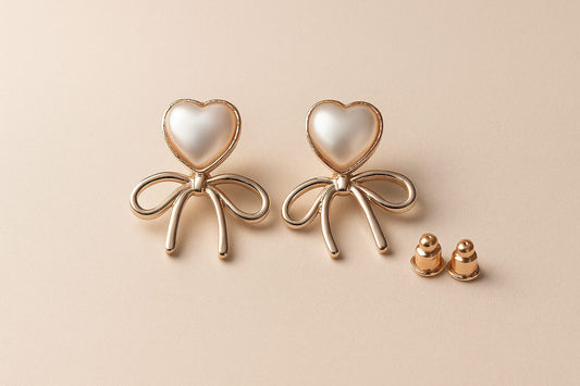 Heart Pearl & Bow Gold Stud Earrings