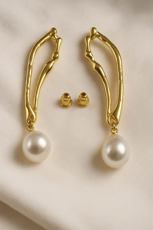 Abstract Gold Frame & Pearl Drop Earrings