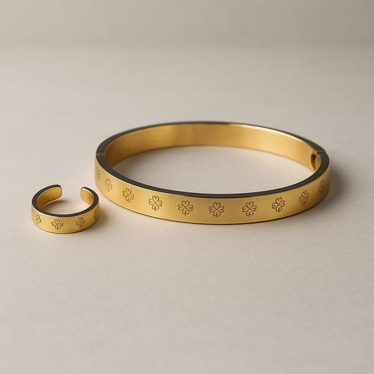 Elegant Gold-Tone Bracelet & Ring Set with Floral Engravings