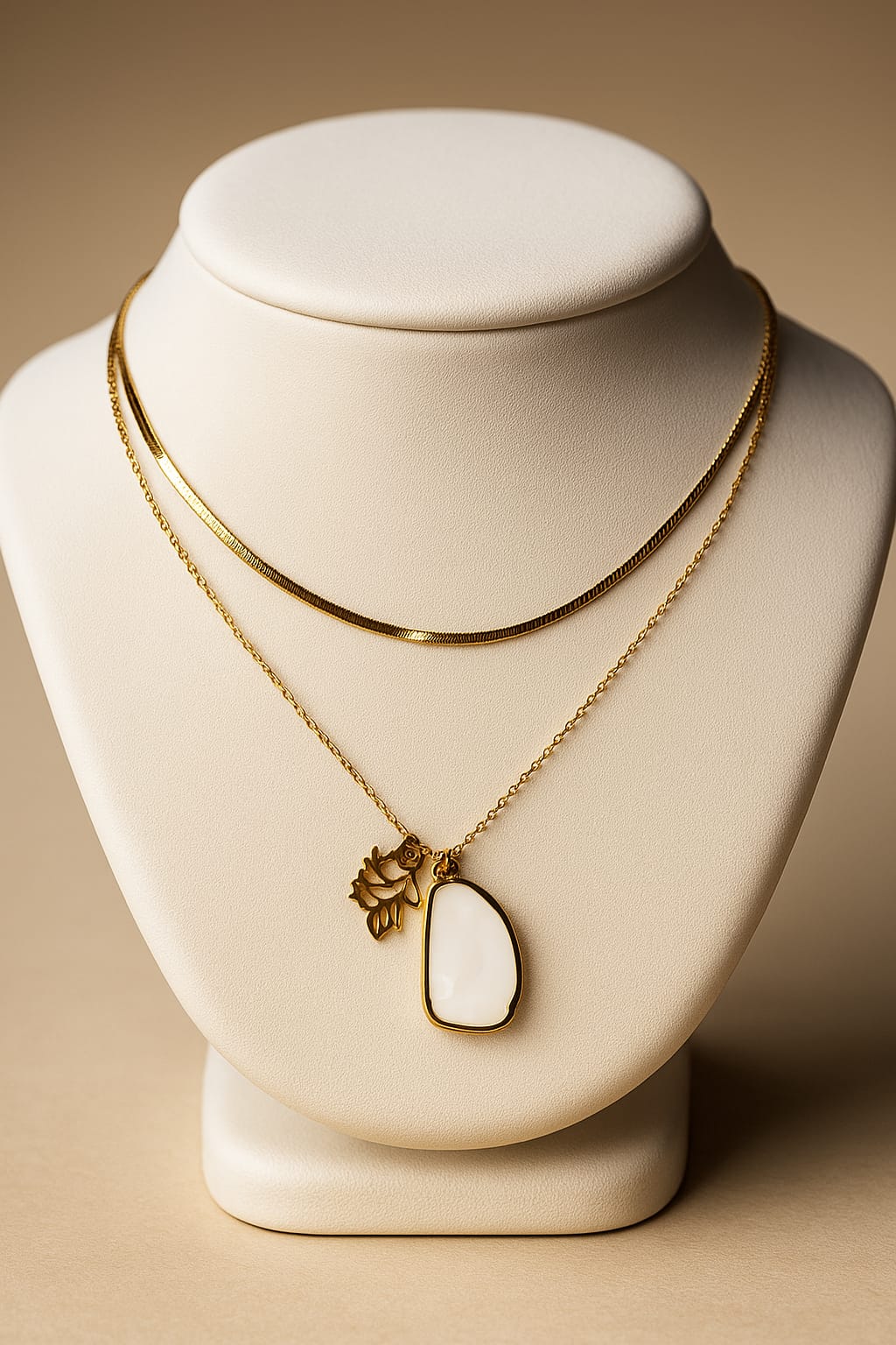 Elegant Dual-Layer Gold Necklace with Leaf & White Stone Pendant