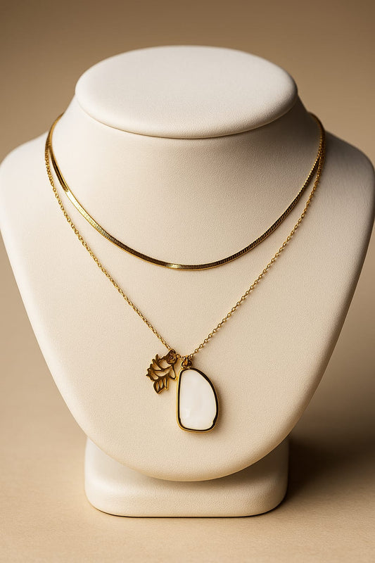 Elegant Dual-Layer Gold Necklace with Leaf & White Stone Pendant