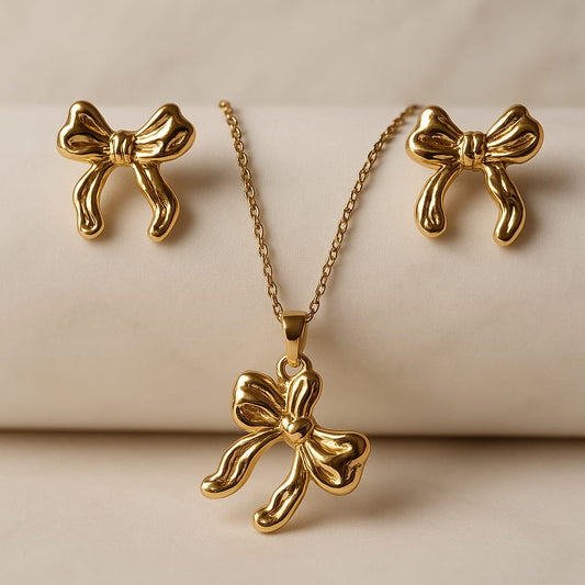 "Golden Bow Jewelry Set – Necklace & Earrings"